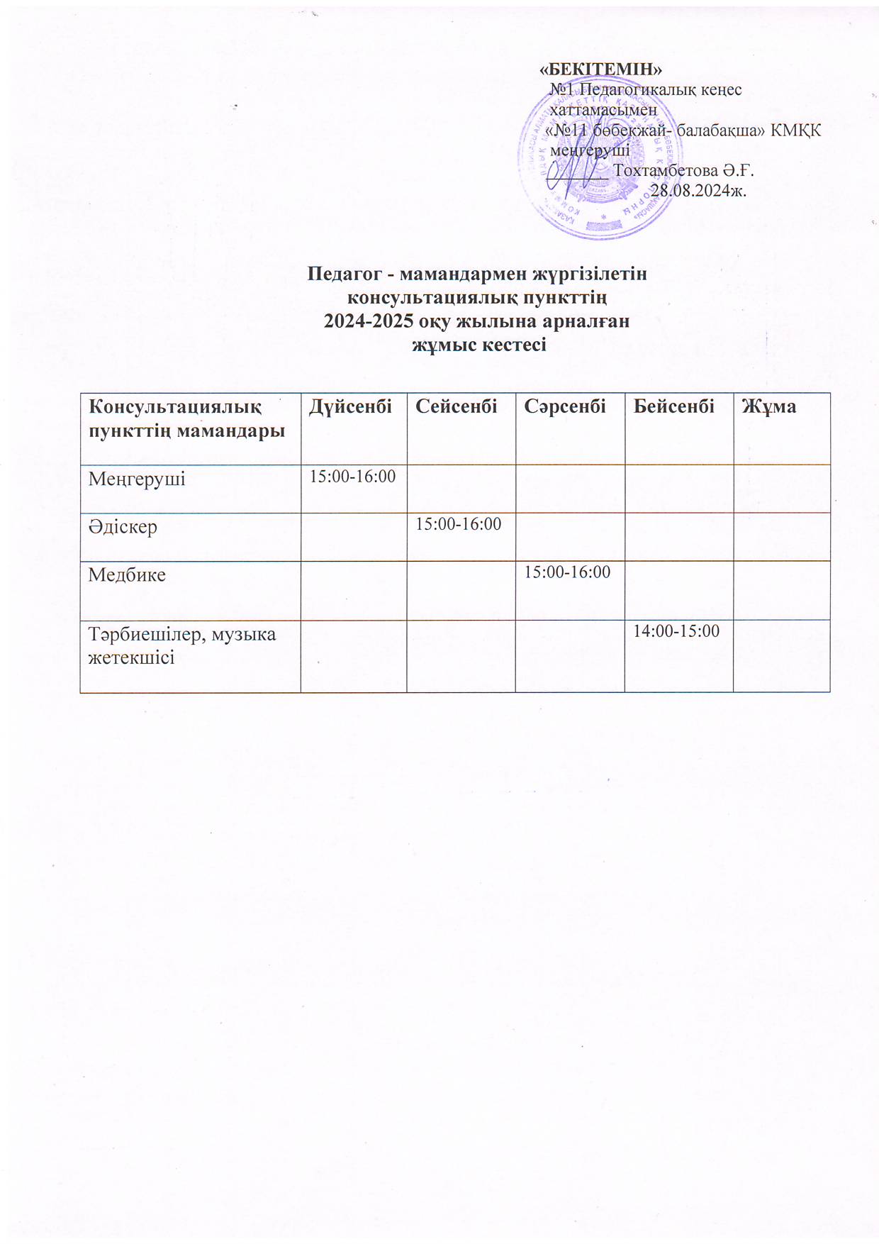 Консультациялық пункттің 2024-2025 оқу жылына арналған жұмыс кестесі